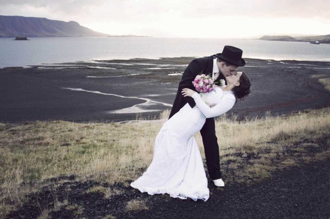 Kiss in beautiful landscape in Iceland