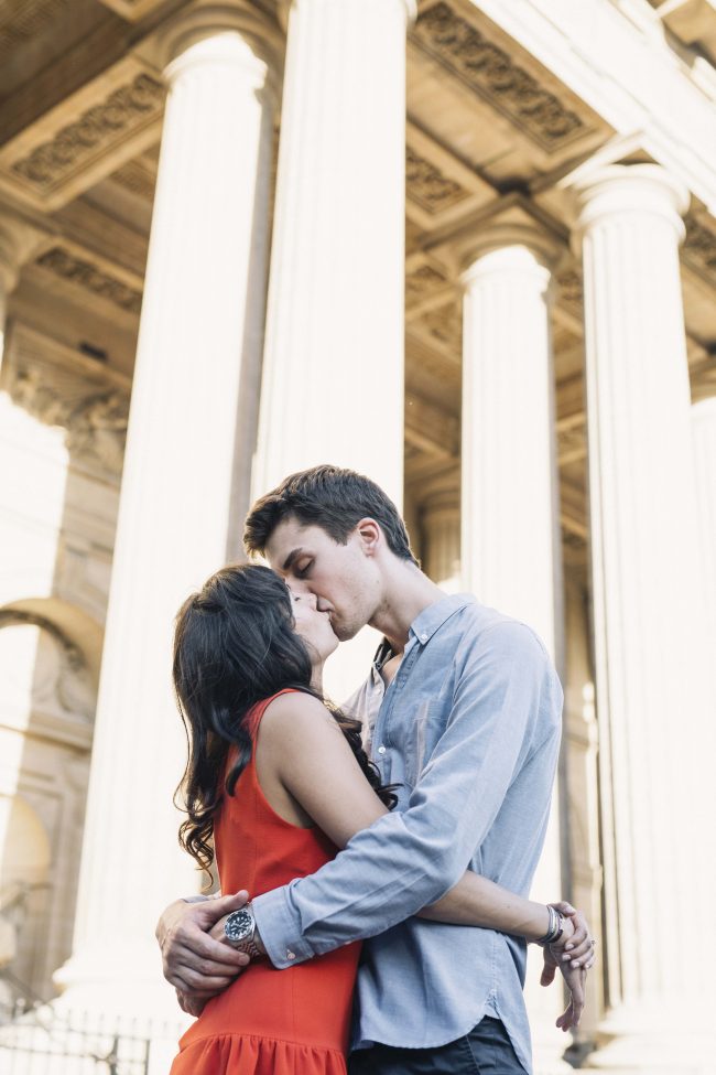 Engaged happy couple in Paris